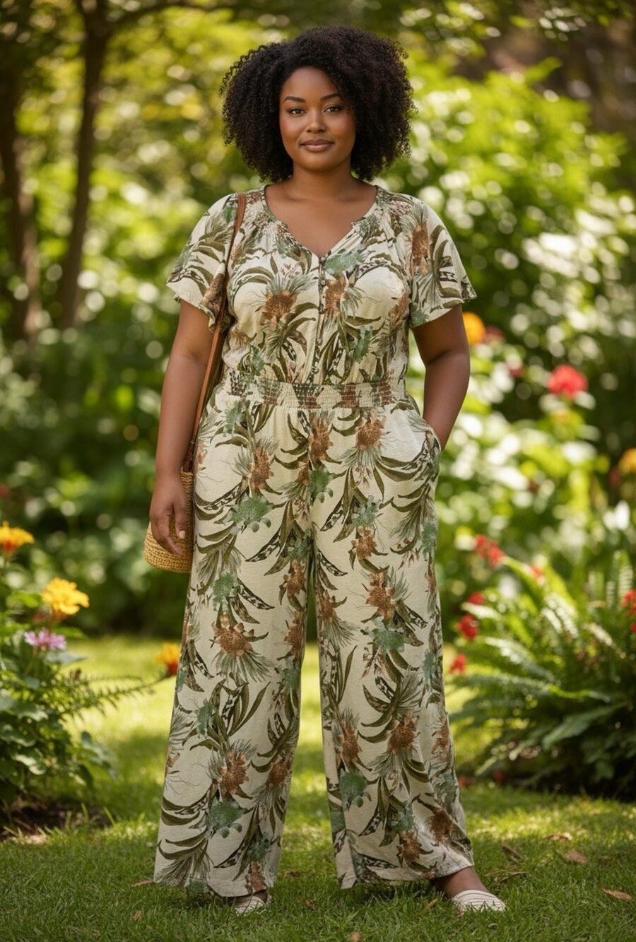 Lane Bryant Plus 22/24 Tropical Floral Wide-Leg Jumpsuit V-Neck Pockets